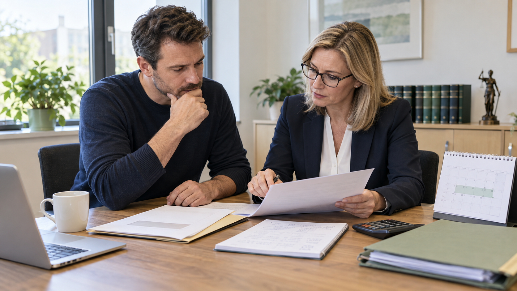 Arbeitnehmer und arbeitsrechtliche Beraterin prüfen Kündigung, Vergleich, Kalender und Abfindungsberechnung.