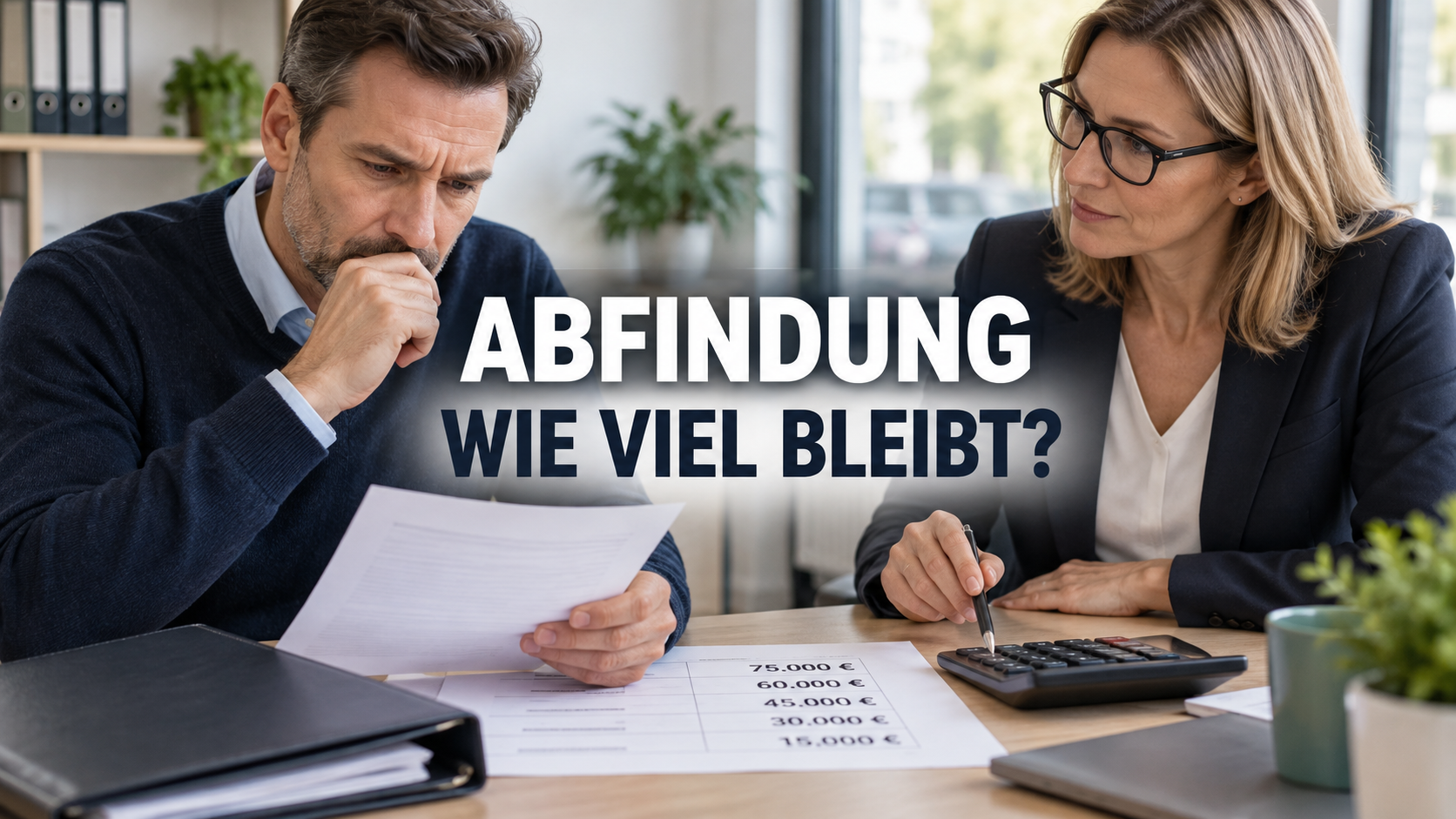 Arbeitnehmer prüft mit einer Beraterin die Abfindung und die Frage: Wie viel bleibt?
