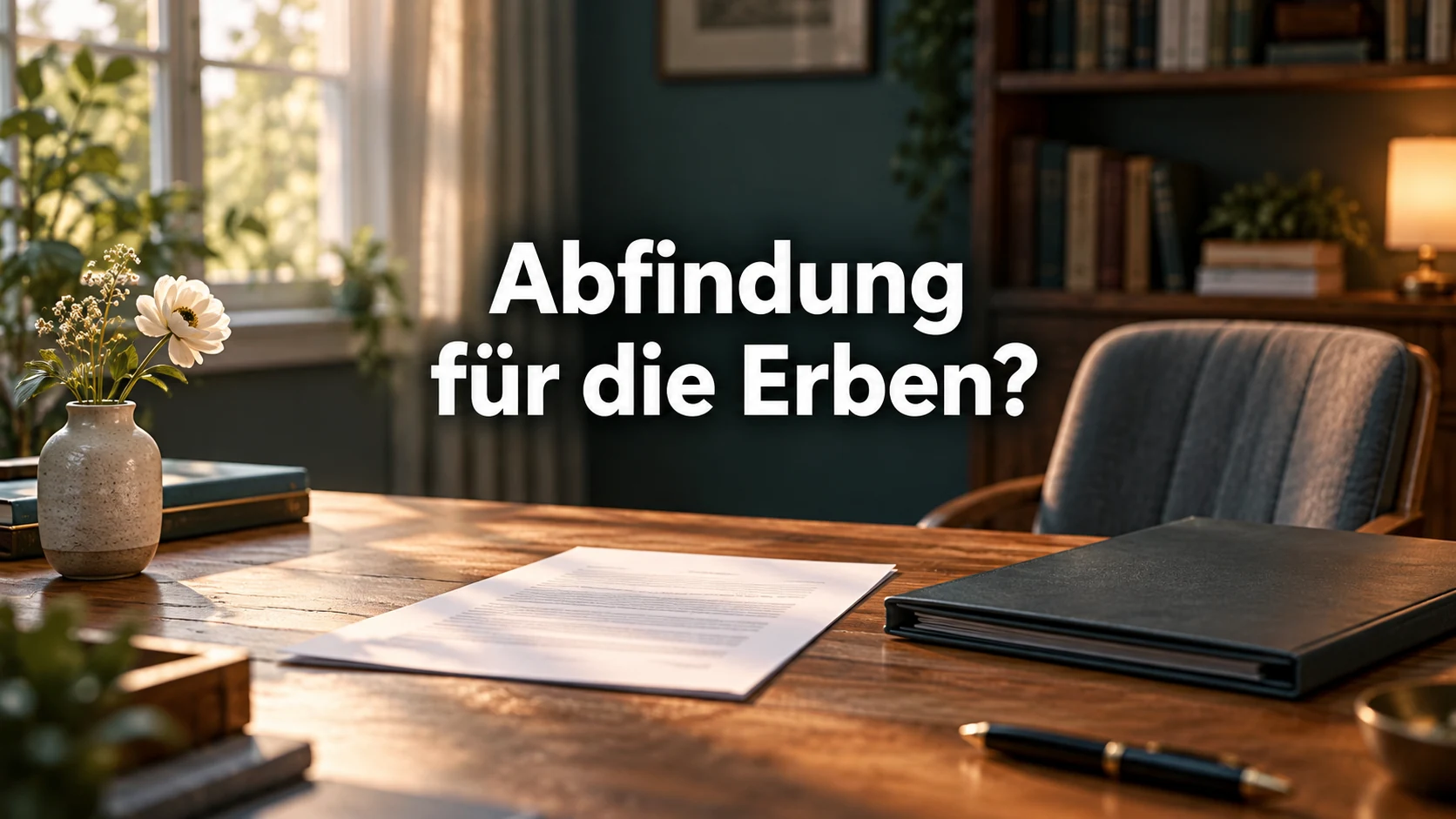 Fiktive ruhige Schreibtischszene mit Unterlagen und leerem Stuhl; zentrale Frage: Abfindung für die Erben?