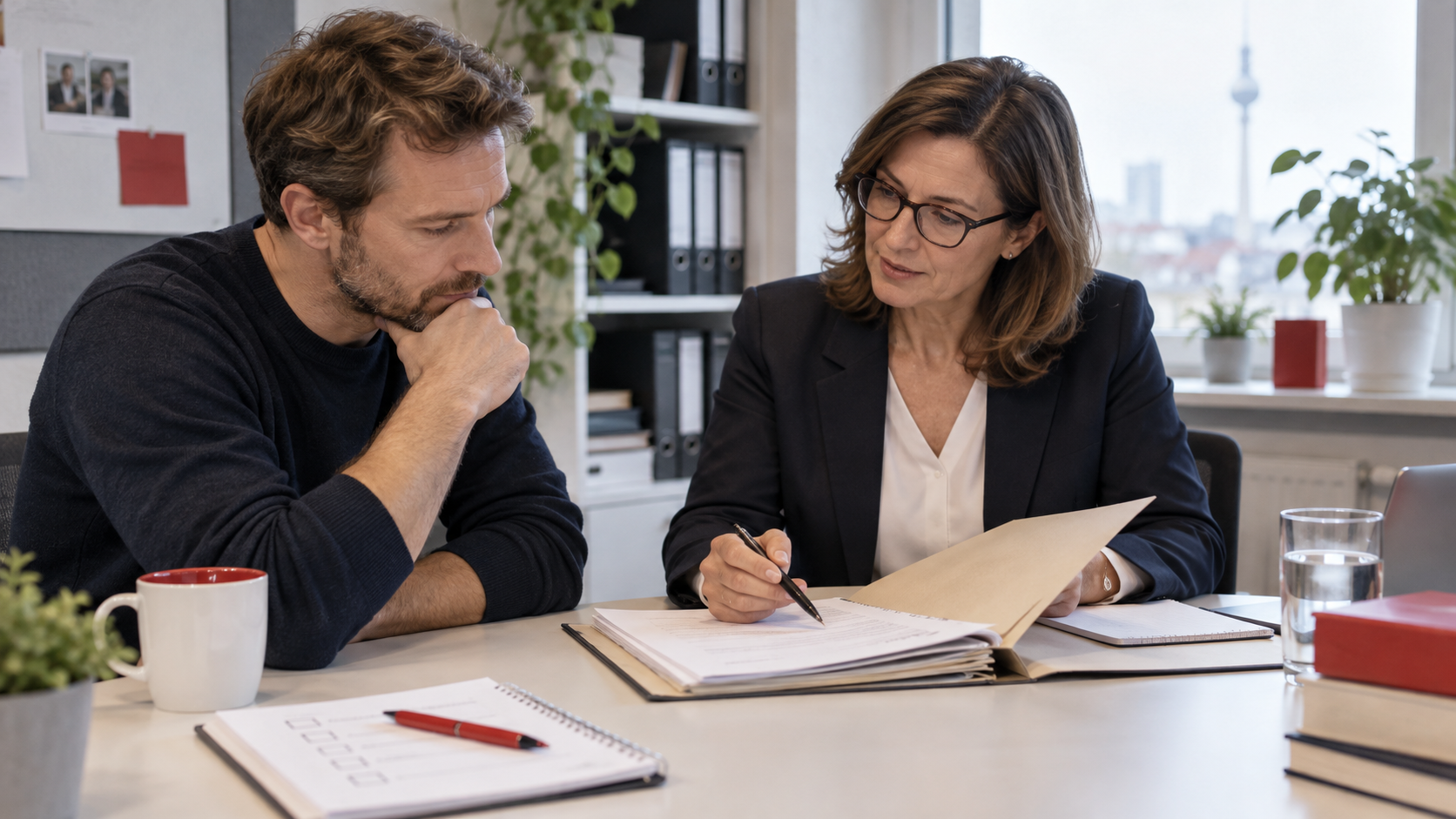 Ein Arbeitnehmer bespricht mit einer Beraterin seine Personalakte und eine schriftliche Gegendarstellung.