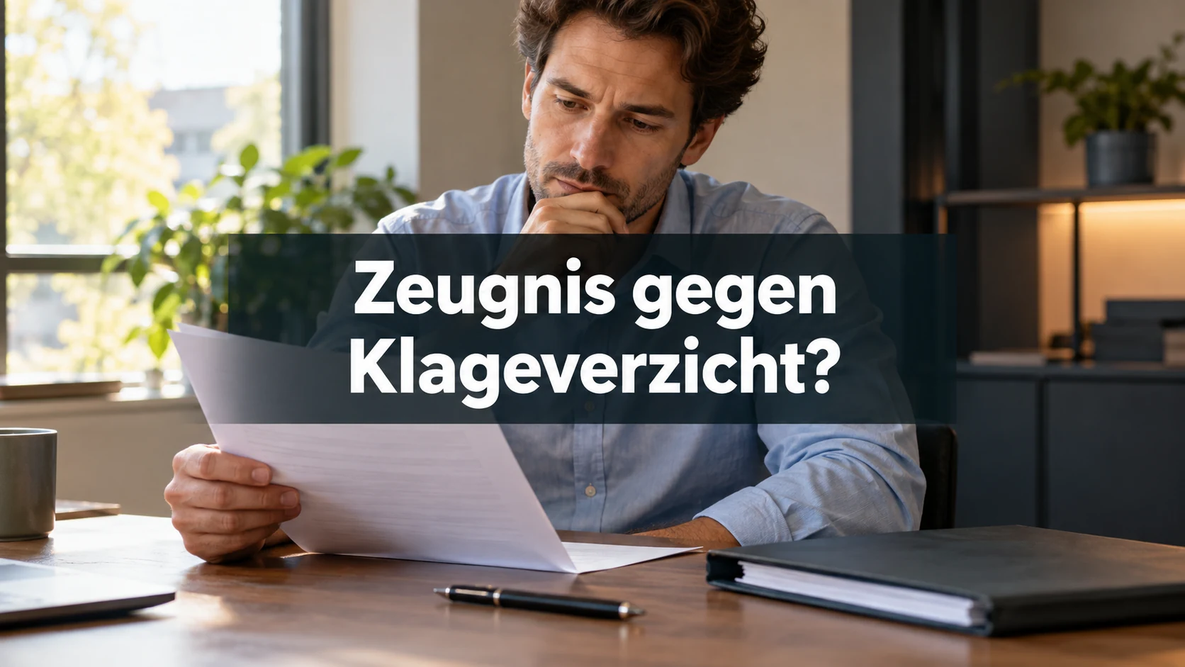 Fiktiver Arbeitnehmer prüft am Besprechungstisch einen noch nicht unterschriebenen Entwurf; zentral steht: Zeugnis gegen Klageverzicht?