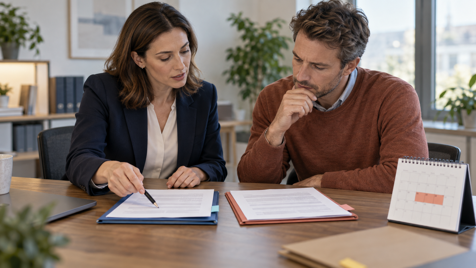 Arbeitnehmer und Beraterin vergleichen bisherigen Arbeitsvertrag, Änderungsangebot und Dreiwochenfrist.