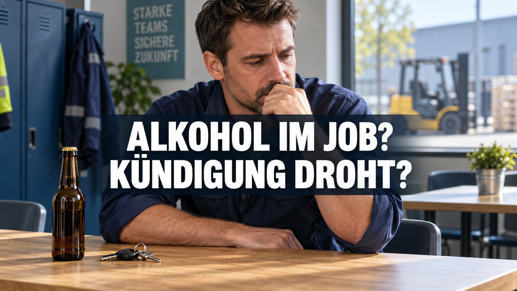 Nachdenklicher Arbeitnehmer, Flasche und Arbeitsschlüssel mit der zentralen Frage: Alkohol im Job? Kündigung droht?