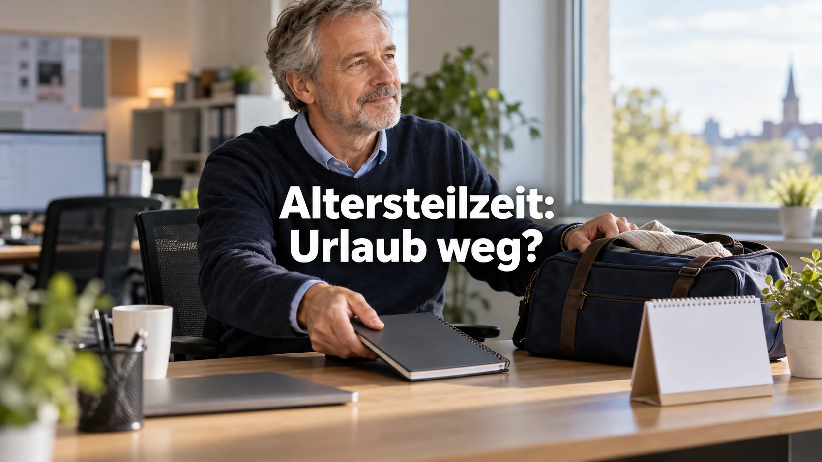 Fiktiver älterer Beschäftigter am Schreibtisch mit Notizbuch, Tasche und leerem Kalender; zentral steht: Altersteilzeit: Urlaub weg?