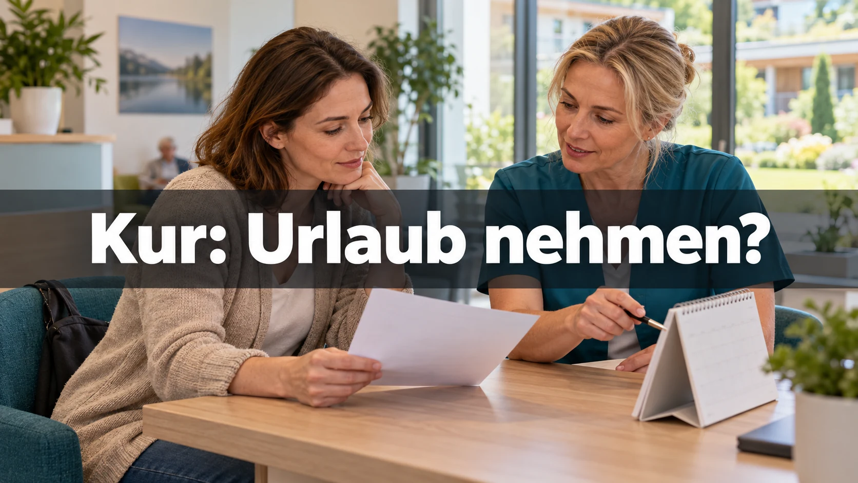 Fiktive Beschäftigte bespricht ein Schreiben und einen Kalender am Empfang einer medizinischen Einrichtung. Zentraler Text: Kur: Urlaub nehmen?
