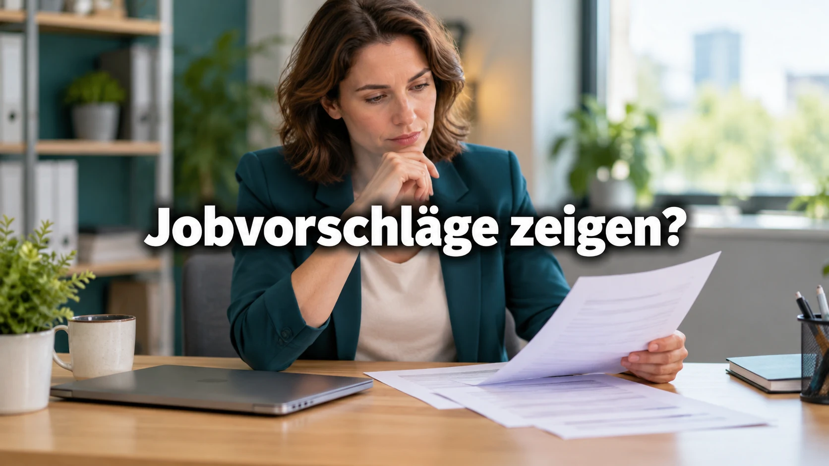 Fiktive Beschäftigte ordnet Jobvorschläge neben einem Laptop am Schreibtisch. Zentraler Text: Jobvorschläge zeigen?