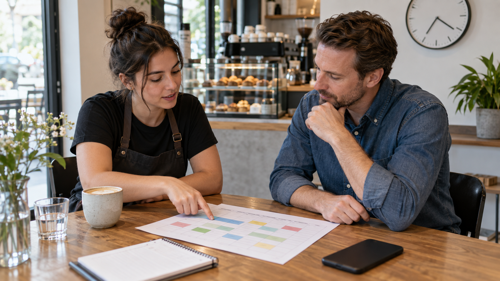 Café-Mitarbeiterin und Vorgesetzter besprechen gemeinsam farbige Schichtblöcke auf einem Wochenplan.