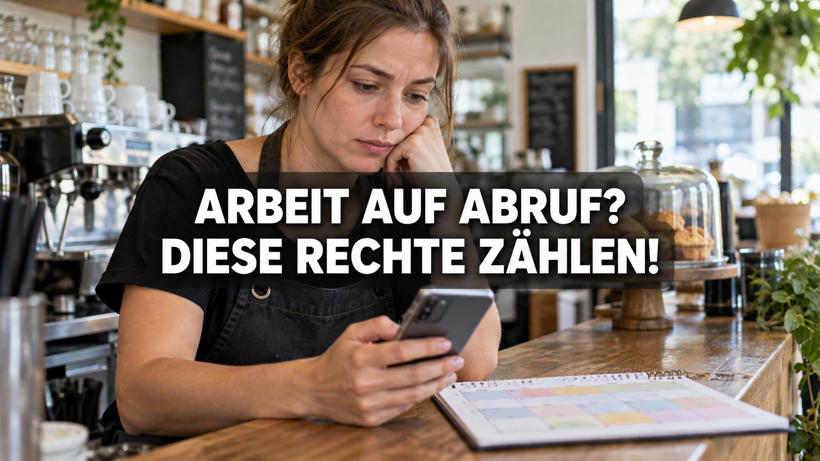 Café-Mitarbeiterin betrachtet ihr Smartphone neben einem Wochenplan; zentrale Frage: Arbeit auf Abruf? Diese Rechte zählen!