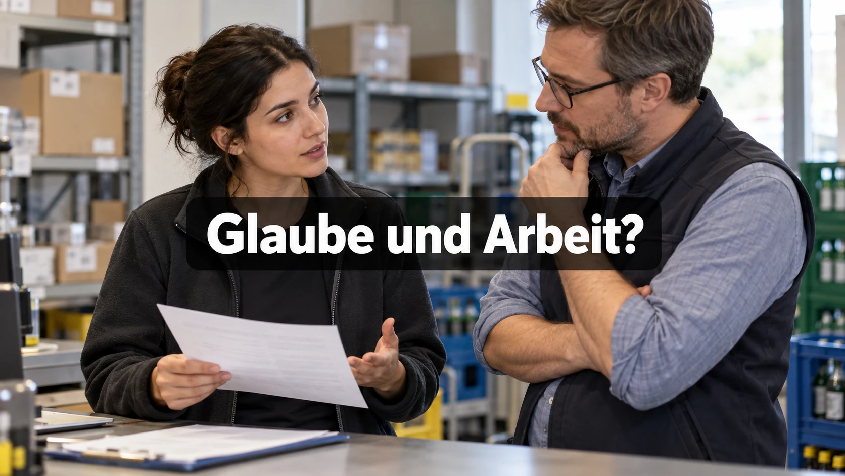 Fiktive Beschäftigte bespricht eine Aufgabenliste mit einem Vorgesetzten im Lager. Die ruhige Arbeitsszene zeigt keine Religionszuordnung; zentraler Text: Glaube und Arbeit?