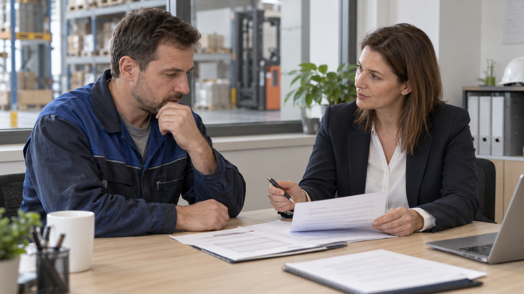 Arbeitnehmer und Beraterin besprechen Lohnunterlagen im Büro eines Lagerbetriebs.