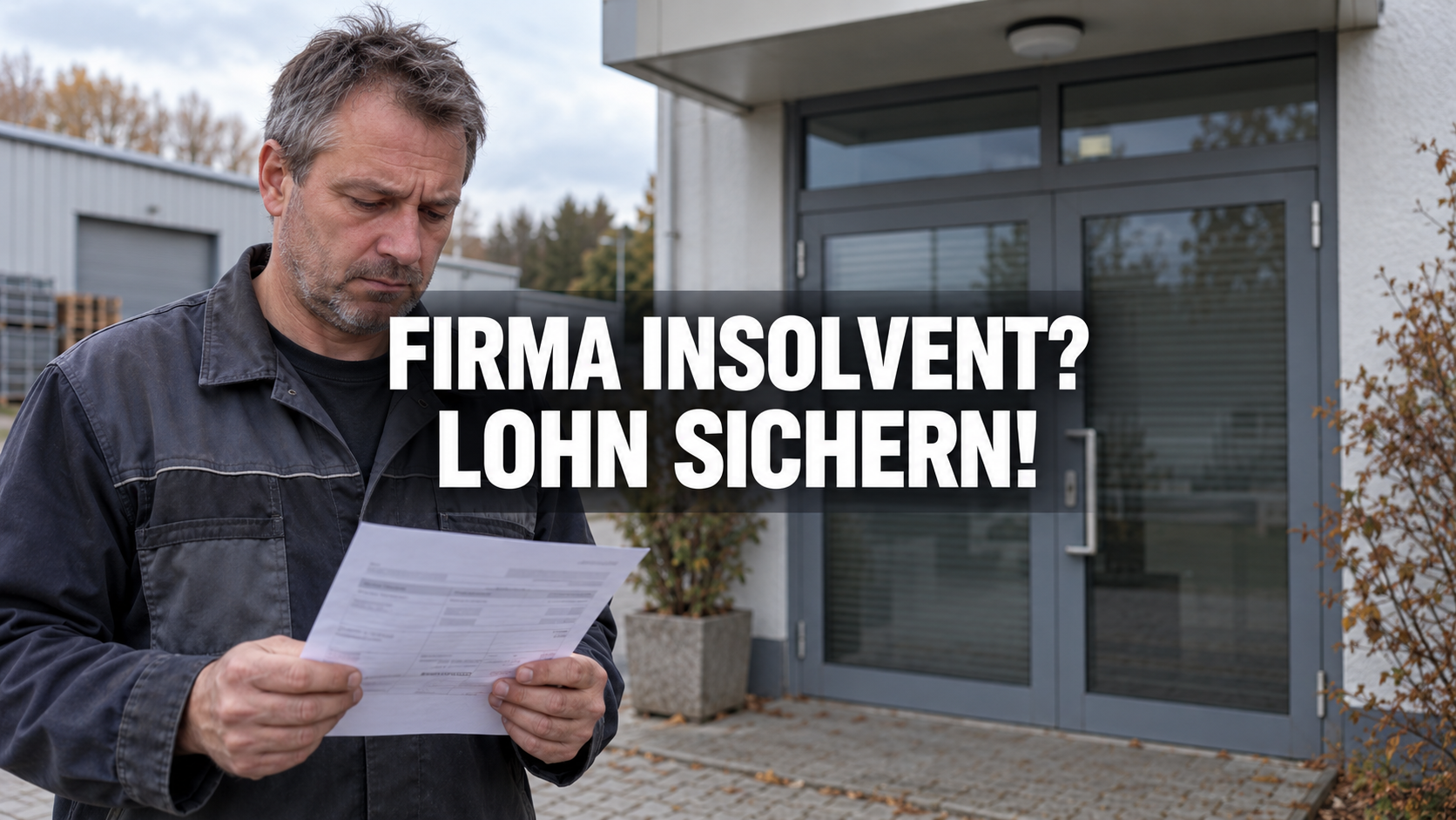 Arbeitnehmer mit Lohnunterlagen vor einem geschlossenen Firmenbüro; zentraler Hinweis: Firma insolvent? Lohn sichern!