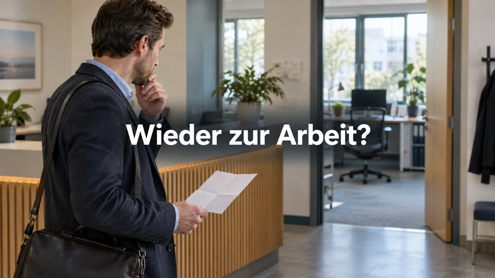 Fiktiver Beschäftigter mit Brief und Arbeitstasche an einem ruhigen Büroempfang. Zentraler Text: Wieder zur Arbeit?