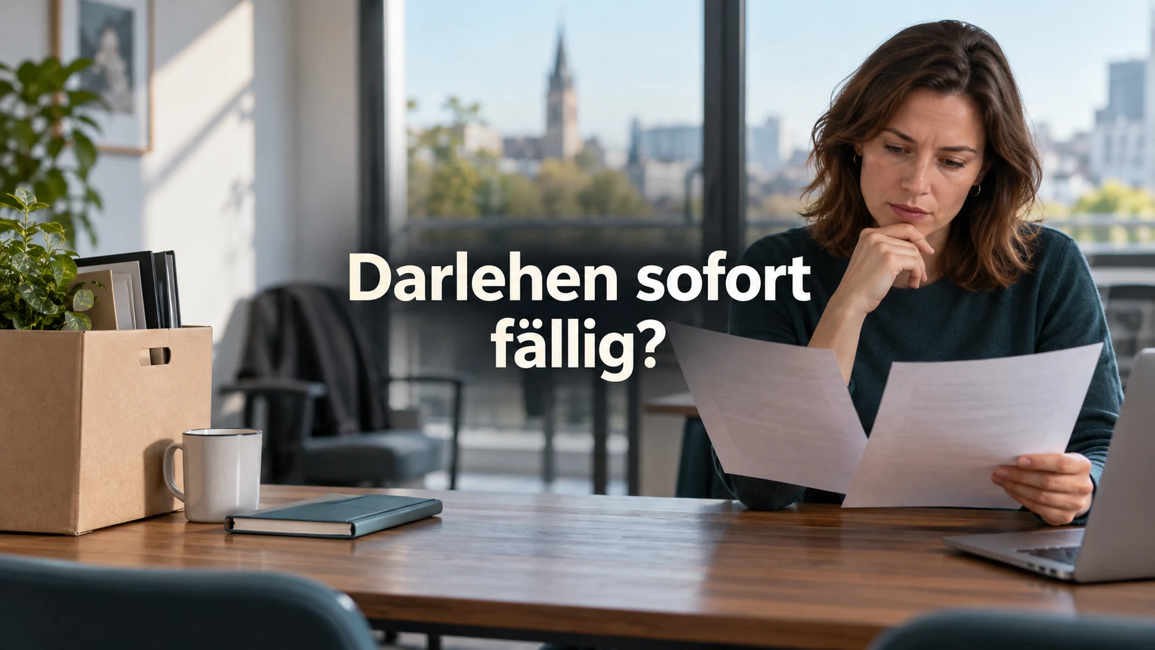 Fiktive Beschäftigte vergleicht Unterlagen am Bürotisch neben einem Karton für den Jobwechsel. Zentraler Text: Darlehen sofort fällig?