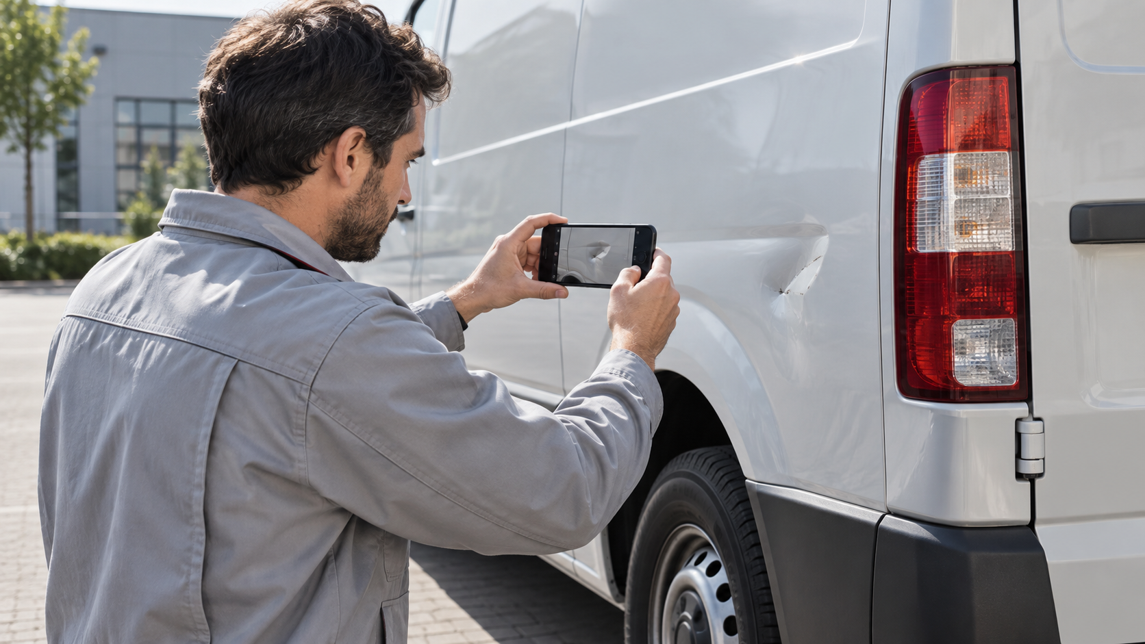 Arbeitnehmer fotografiert eine Delle an einem sicher geparkten Lieferwagen.