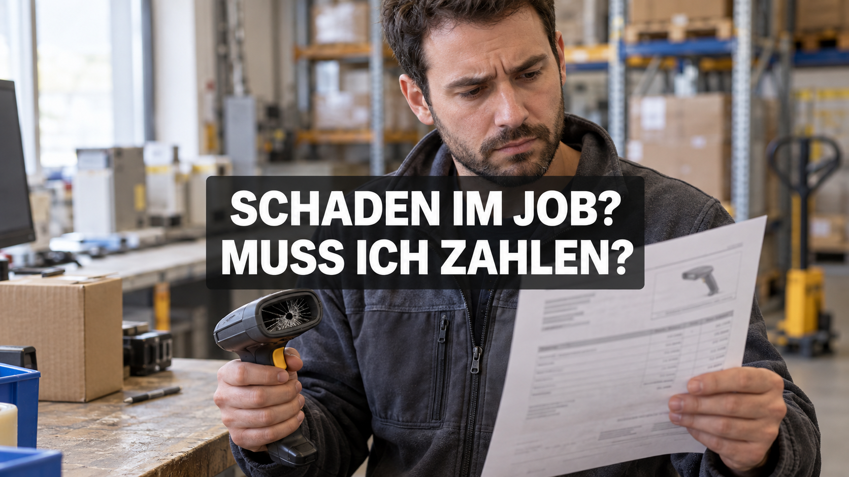 Mitarbeiter mit beschädigtem Scanner und Reparaturunterlagen; zentrale Frage: Schaden im Job? Muss ich zahlen?