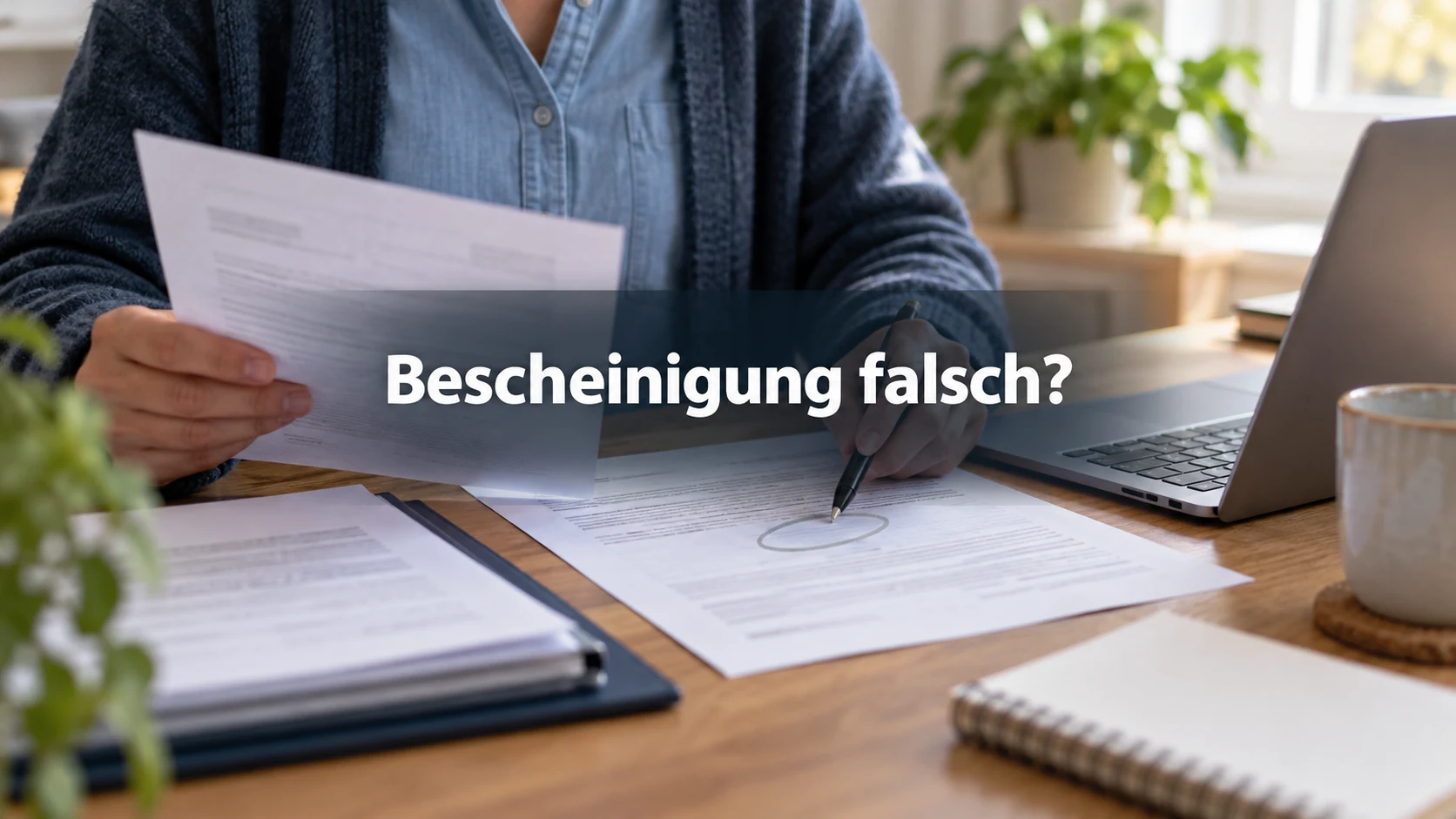 Fiktive Szene am Schreibtisch: Eine Person vergleicht Bescheinigung und Unterlagen. Zentraler Text: Bescheinigung falsch?