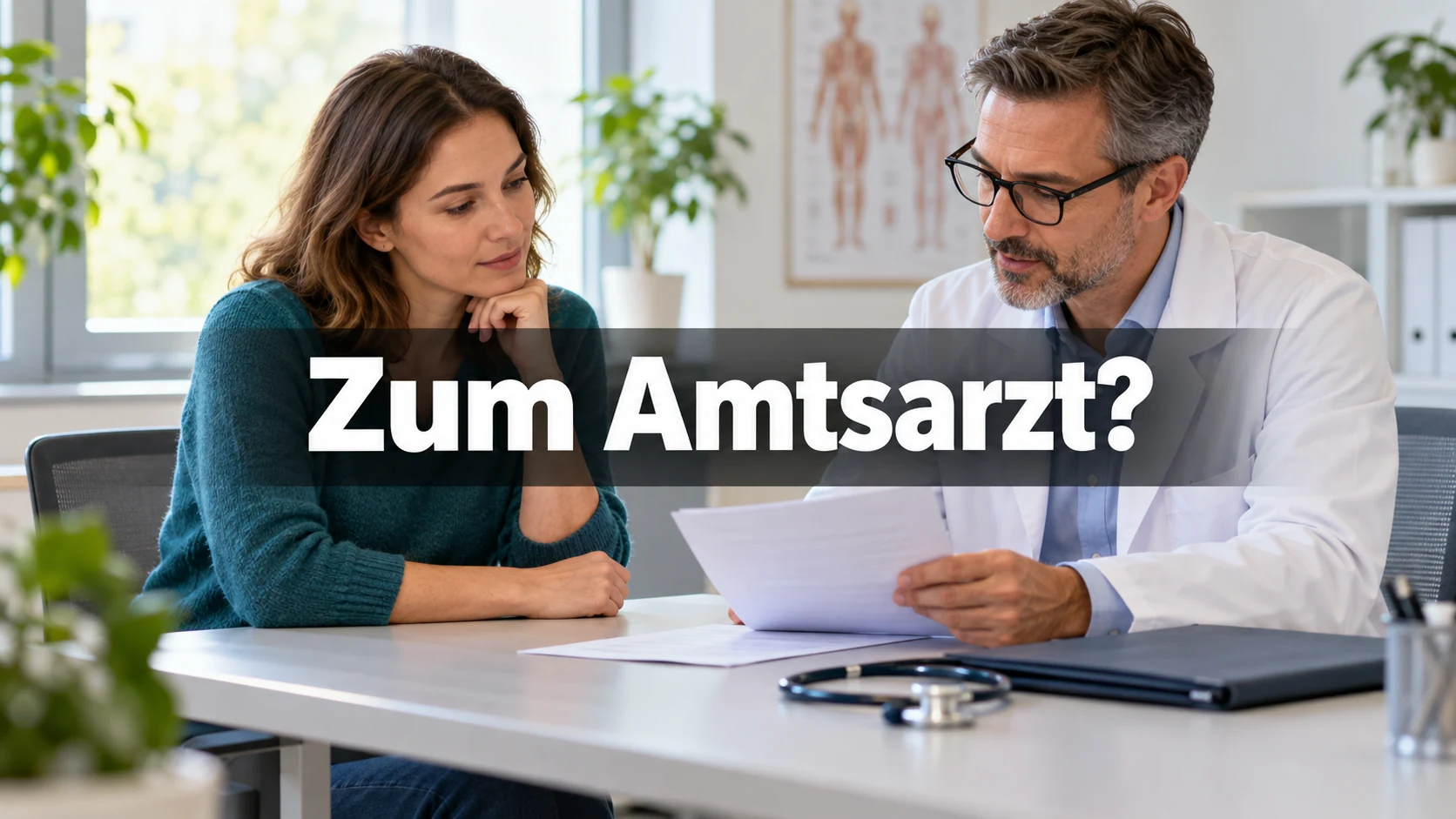 Fiktive Beschäftigte bespricht ein Schreiben mit einem Arzt in einem hellen Untersuchungsraum. Zentraler Text: Zum Amtsarzt?