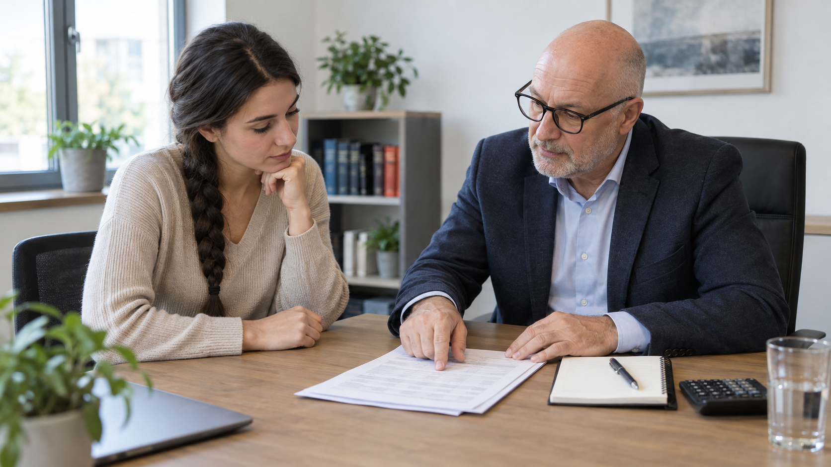 Arbeitnehmerin und rechtlicher Berater besprechen am Schreibtisch eine fiktive Gebührenübersicht.