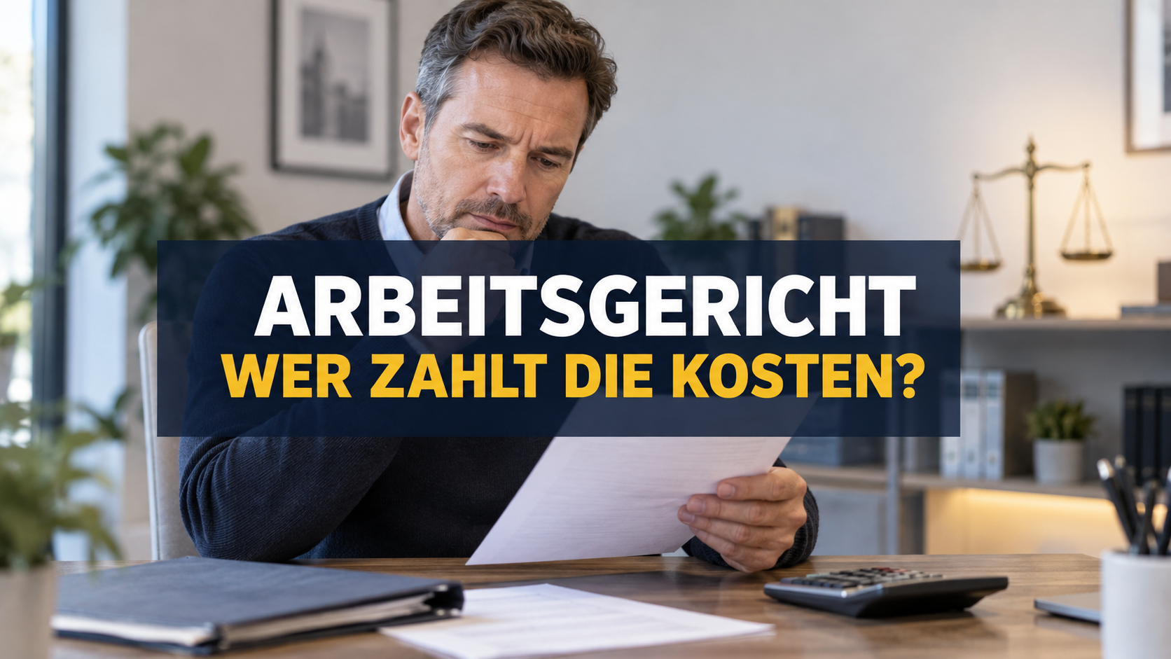 Arbeitnehmer prüft eine fiktive Kostenübersicht; zentrale Schrift: Arbeitsgericht – Wer zahlt die Kosten?