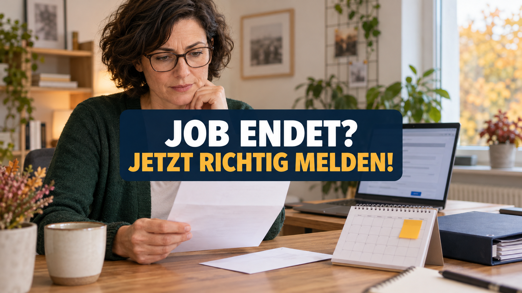 Beschäftigte prüft ein Schreiben neben Kalender und Laptop; zentraler Hinweis: Job endet? Jetzt richtig melden!