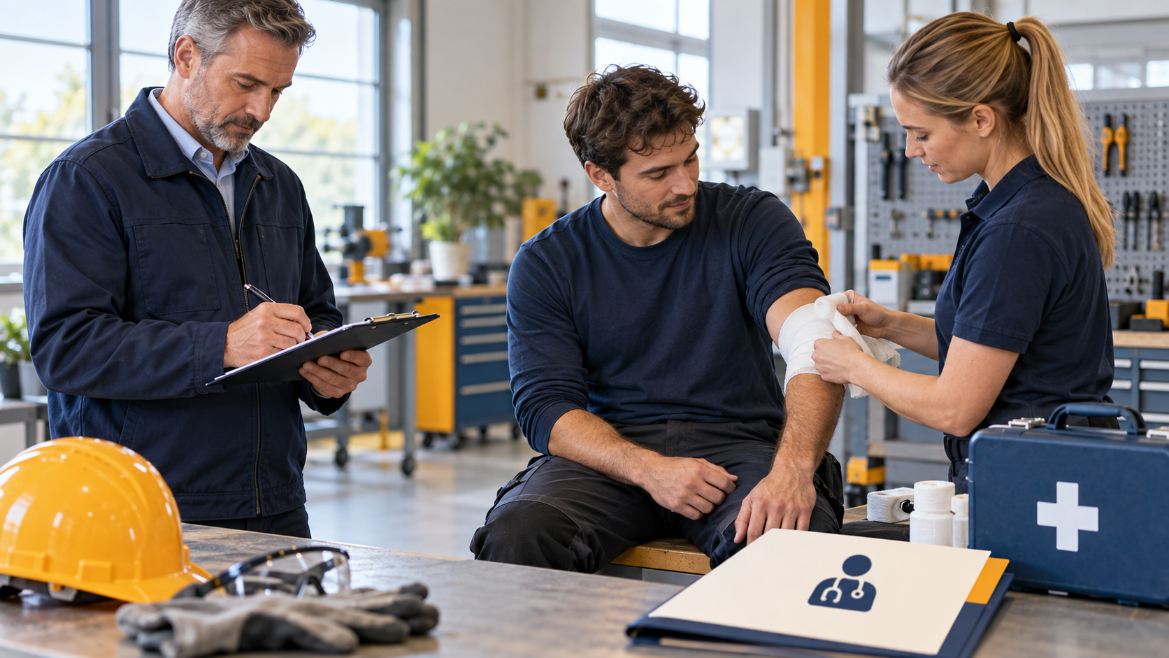 Ein Vorgesetzter dokumentiert einen Arbeitsunfall, während eine Kollegin Erste Hilfe leistet.