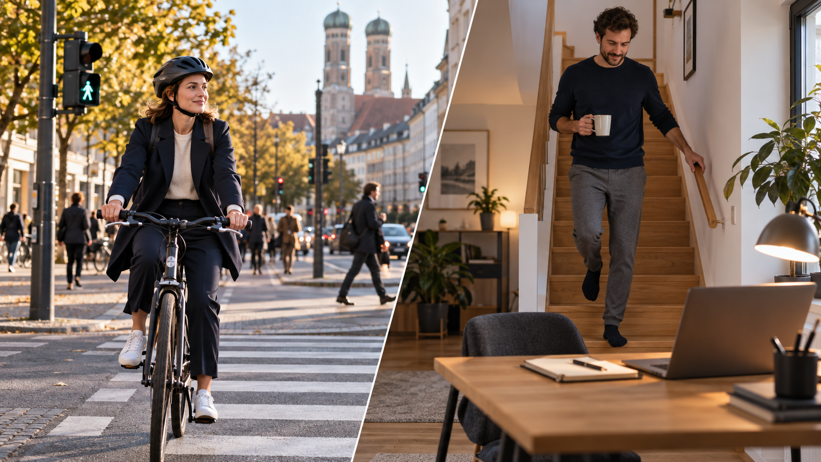 Geteilte Szene mit einer Radfahrerin auf dem Arbeitsweg und einem Beschäftigten auf der Treppe zum Homeoffice.