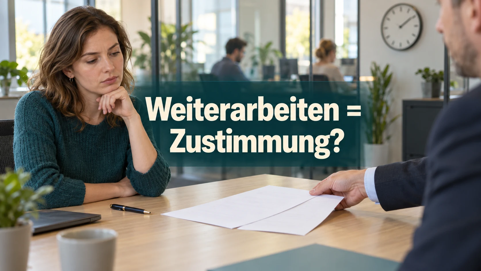 Fiktive Beschäftigte betrachtet einen vorgelegten Vertrag, der Stift bleibt liegen. Die Bildfrage lautet: Weiterarbeiten = Zustimmung?