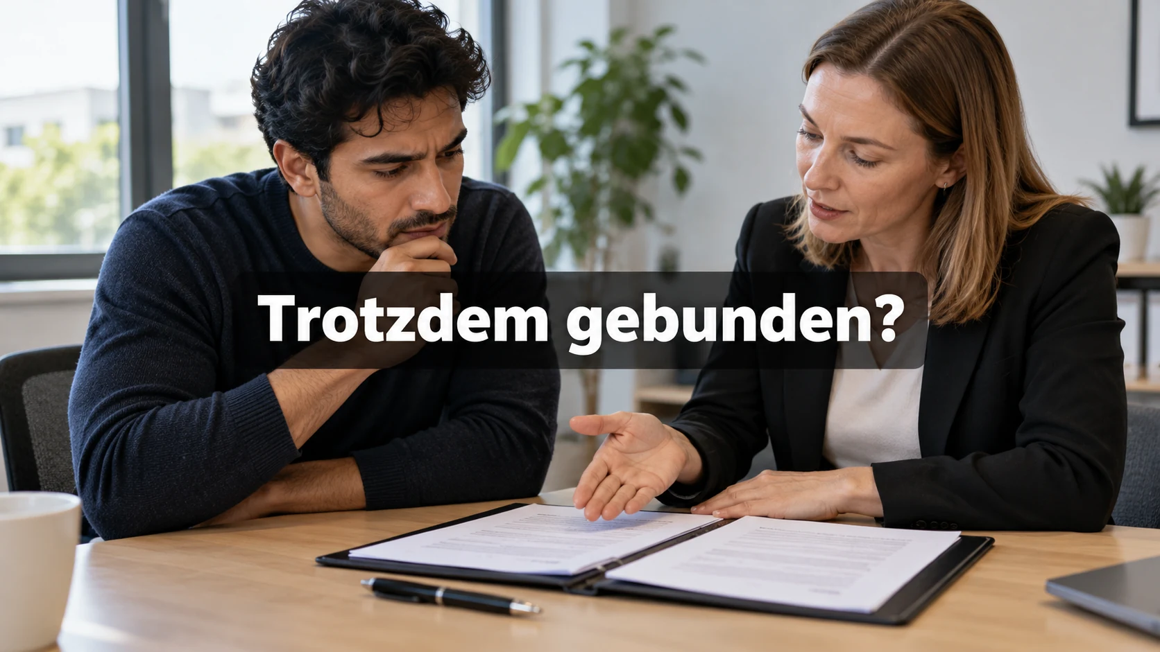 Fiktiver Beschäftigter prüft mit einer erklärenden Kollegin Vertragsunterlagen am Bürotisch. Zentraler Text: Trotzdem gebunden?