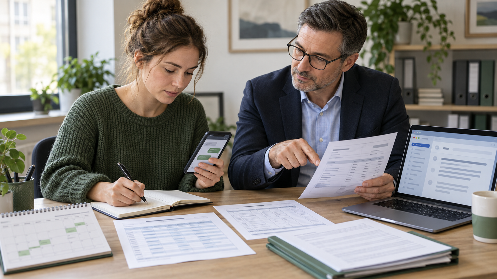Arbeitnehmerin ordnet gemeinsam mit einem Berater Nachrichten, Dienstpläne, Zeitaufzeichnungen und Entgeltunterlagen.