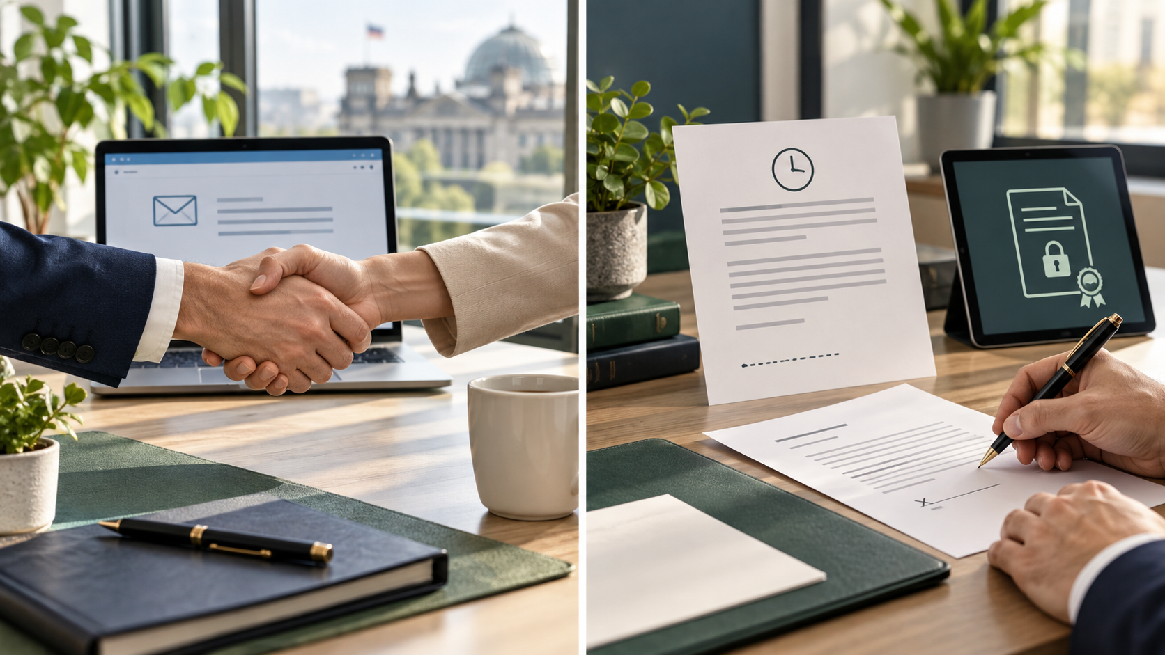 Gegenüberstellung eines formlosen Vertragsschlusses und formbedürftiger Dokumente für Befristung und Beendigung.