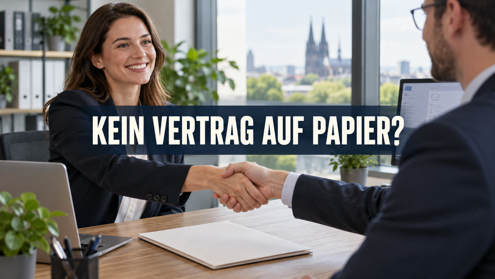Arbeitnehmerin und Arbeitgeber besiegeln eine Einstellung per Handschlag mit der Frage: Kein Vertrag auf Papier?