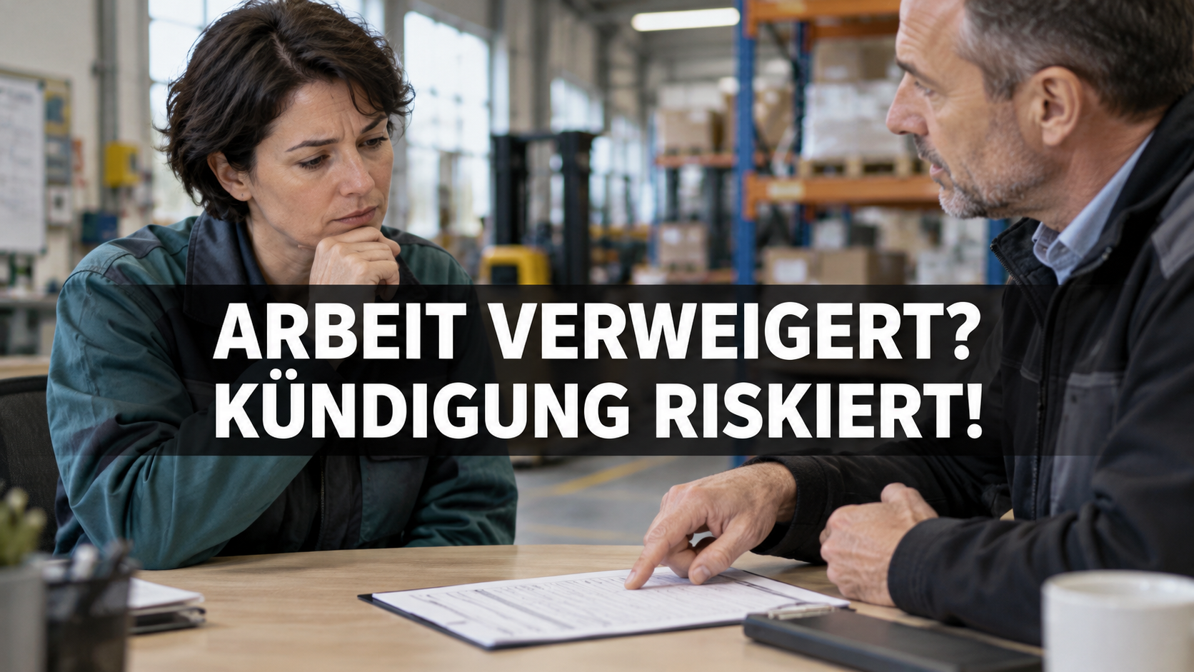 Eine Beschäftigte prüft einen Arbeitsauftrag mit dem zentralen Hinweis: Arbeit verweigert? Kündigung riskiert!