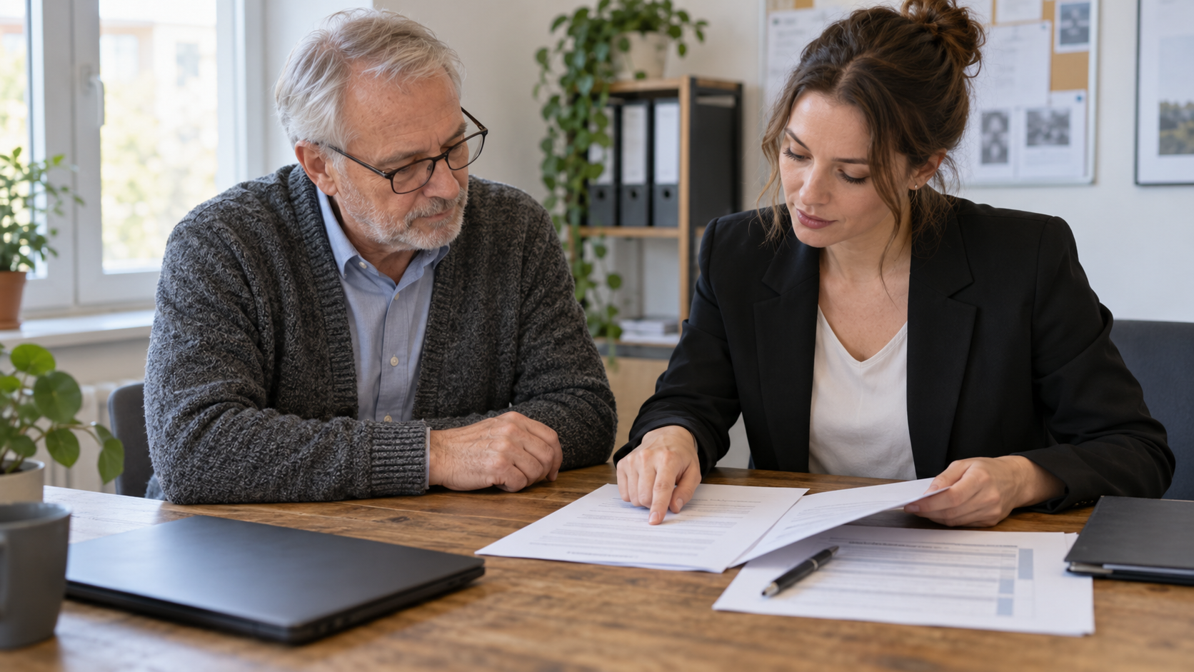 Ein Beschäftigter und eine Arbeitnehmervertreterin vergleichen Arbeitsvertrag und konkreten Arbeitsauftrag.