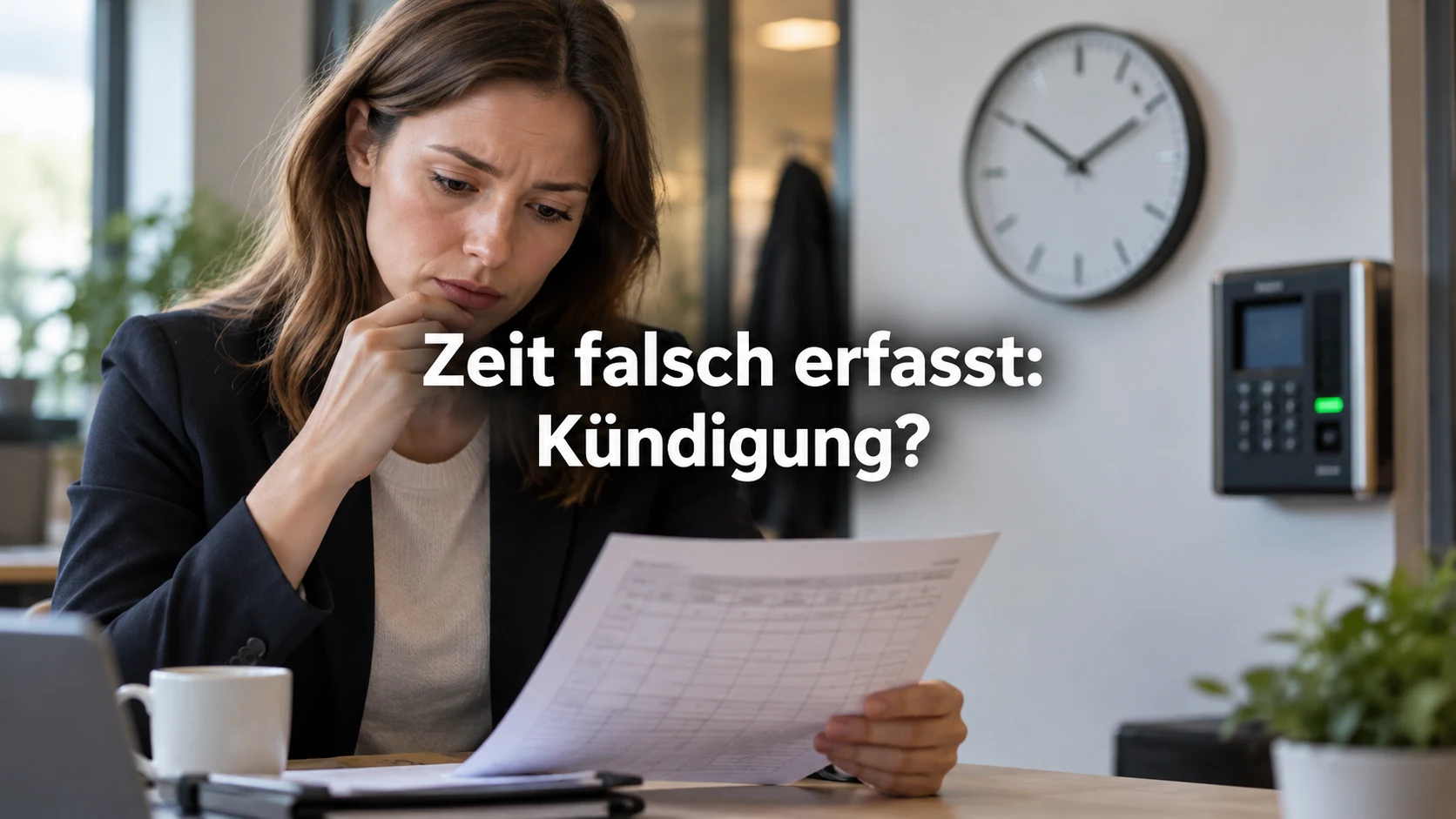 Arbeitszeitbetrug: Kündigung, Abmahnung und Beweise prüfen. Repräsentative Szene; zentraler Text: Zeit falsch erfasst: Kündigung?