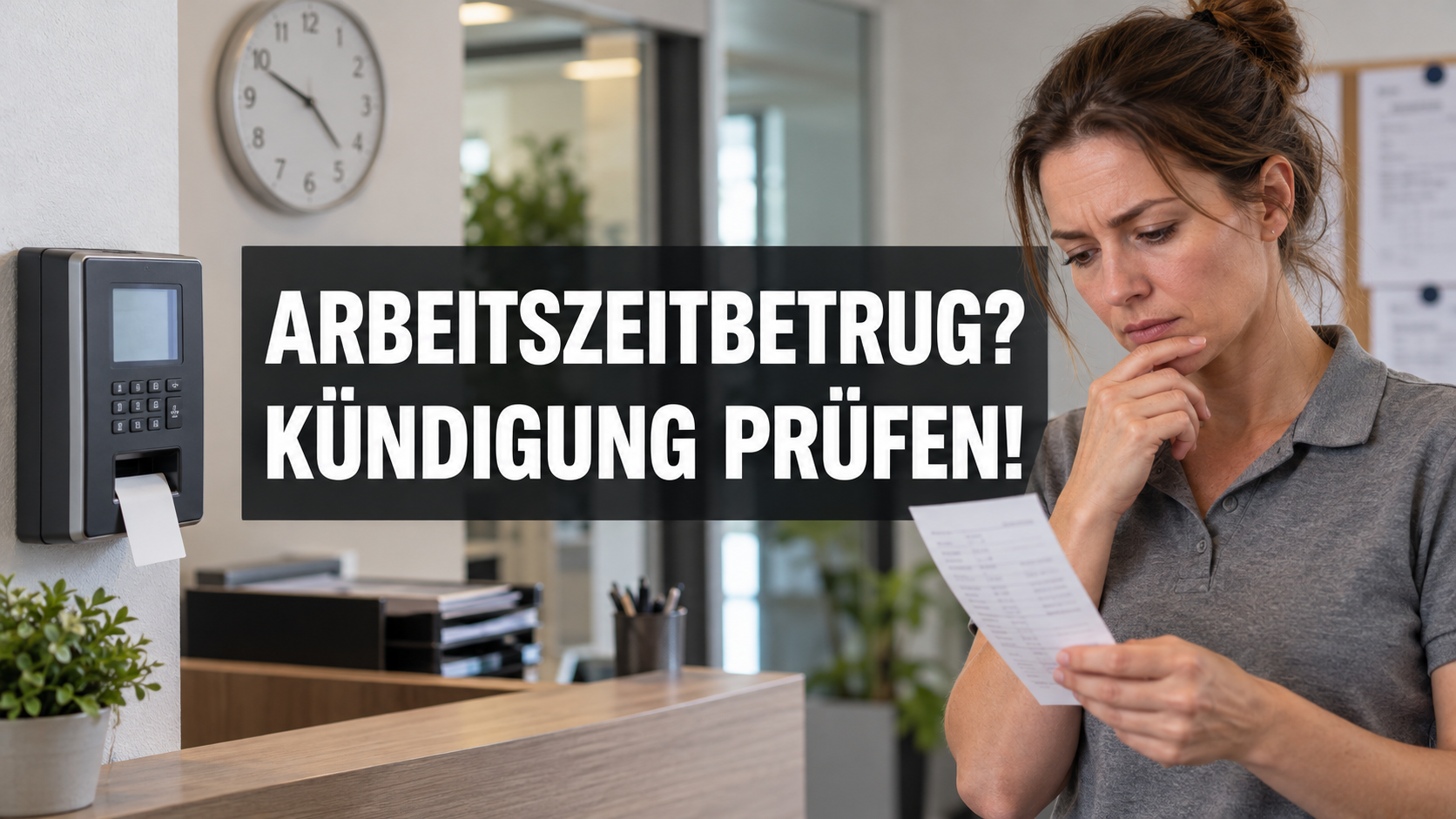 Eine Arbeitnehmerin neben einer Zeiterfassung mit dem zentralen Hinweis: Arbeitszeitbetrug? Kündigung prüfen!