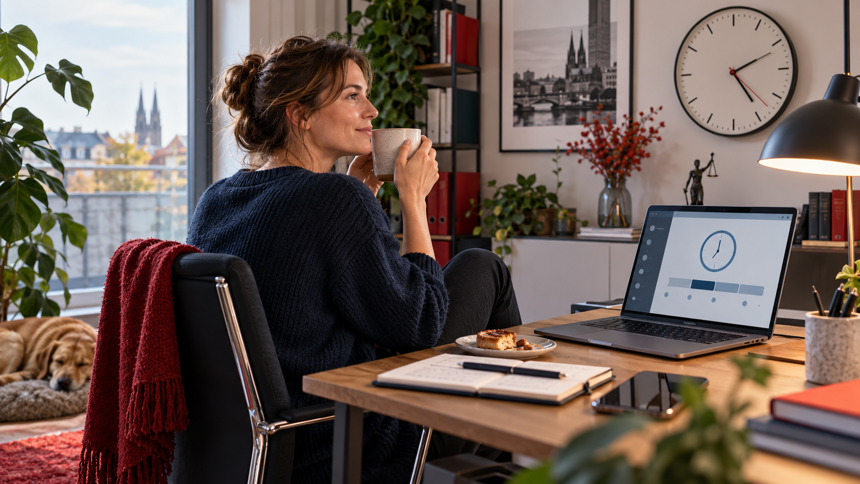 Beschäftigte dokumentiert Arbeitszeit und Pause in einem modernen Homeoffice.