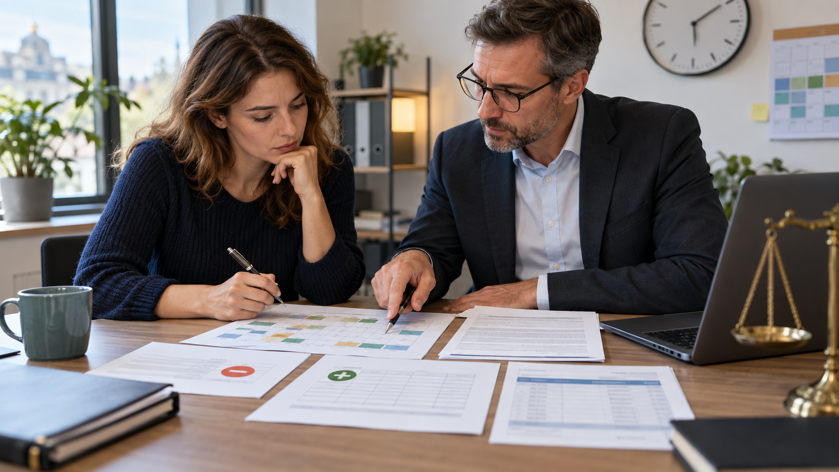 Arbeitnehmerin und Berater prüfen Dienstplan, Arbeitsvertrag, Lohnabrechnung sowie Plus- und Minusstunden.