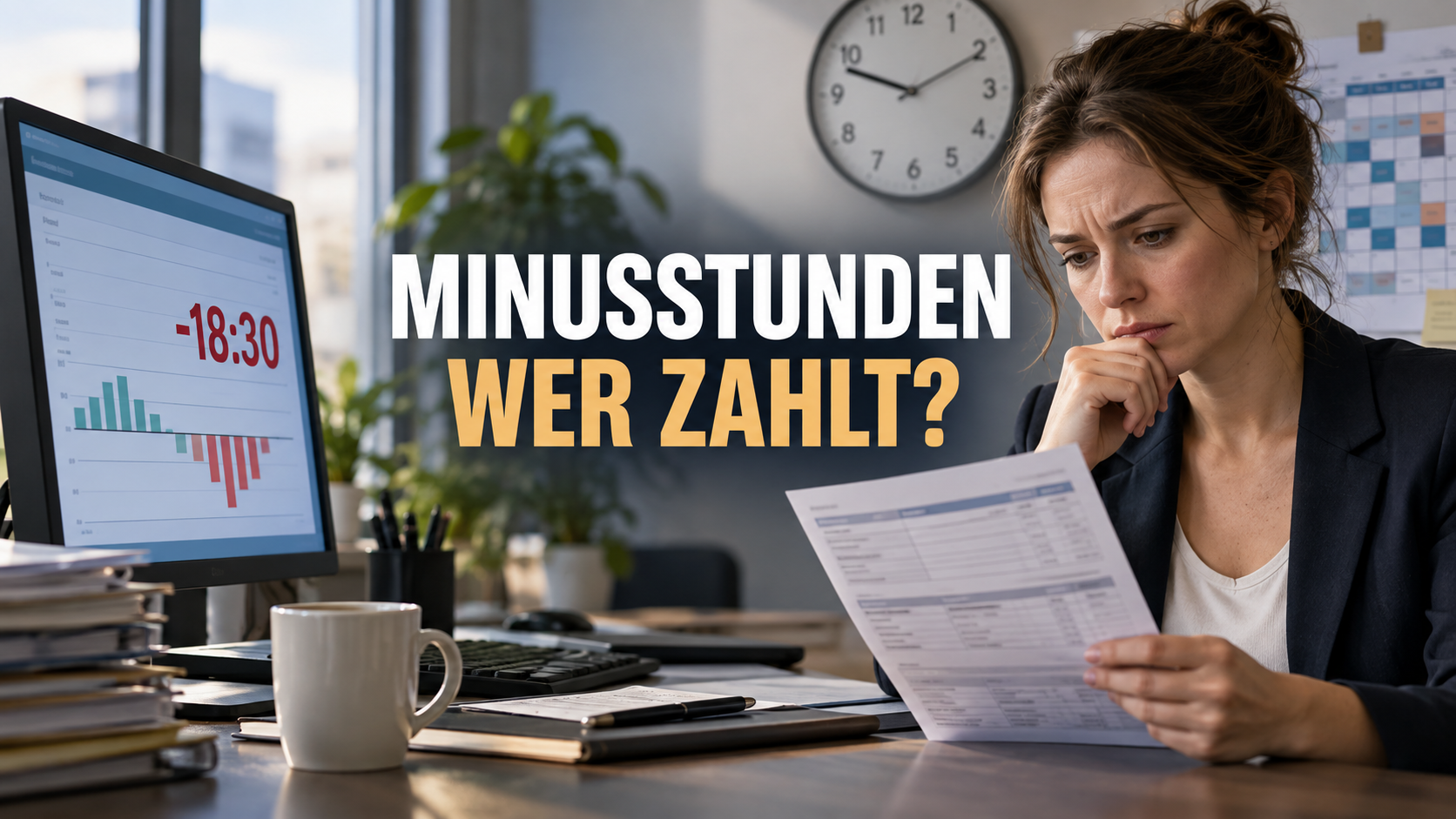 Arbeitnehmerin prüft einen negativen Zeitsaldo mit der Frage: Minusstunden – wer zahlt?