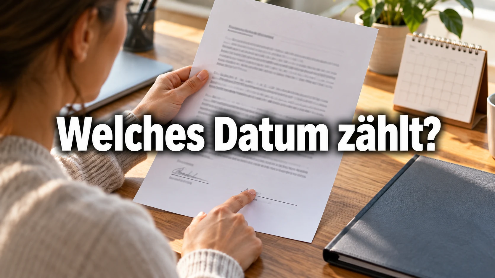 Fiktive Beschäftigte prüft am Schreibtisch die Datumszeile eines Arbeitszeugnisses neben einem Kalender. Zentraler Text: Welches Datum zählt?