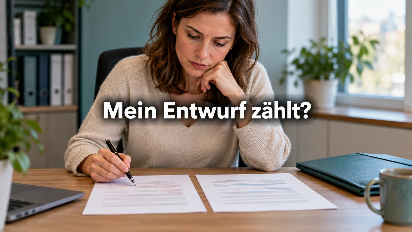Fiktive Beschäftigte vergleicht zwei Zeugnisentwürfe am Schreibtisch und markiert mit einem Stift eine Abweichung. Zentraler Text: Mein Entwurf zählt?