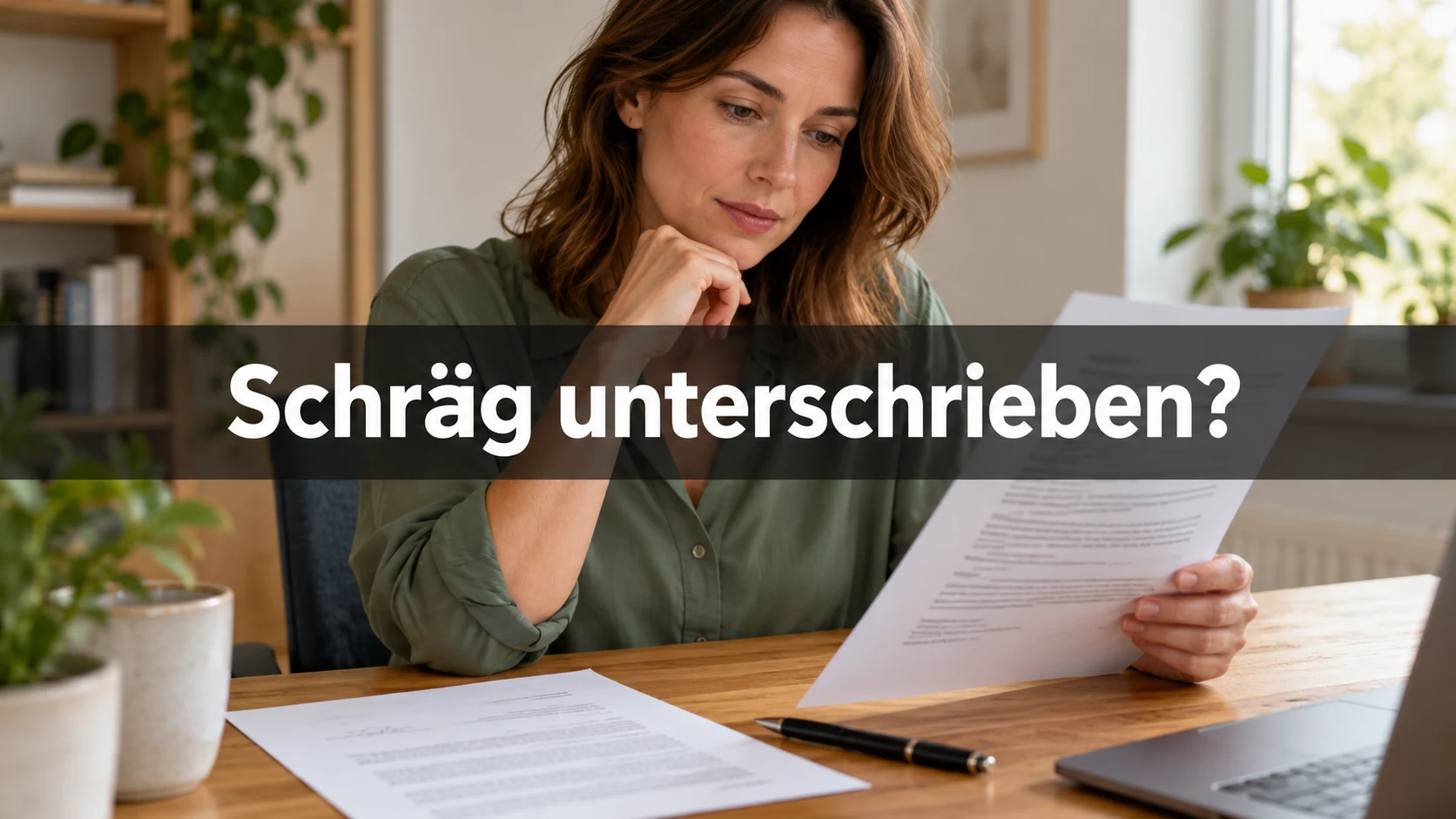 Fiktive Arbeitnehmerin vergleicht zwei Papierzeugnisse am Schreibtisch; zentral steht: Schräg unterschrieben?
