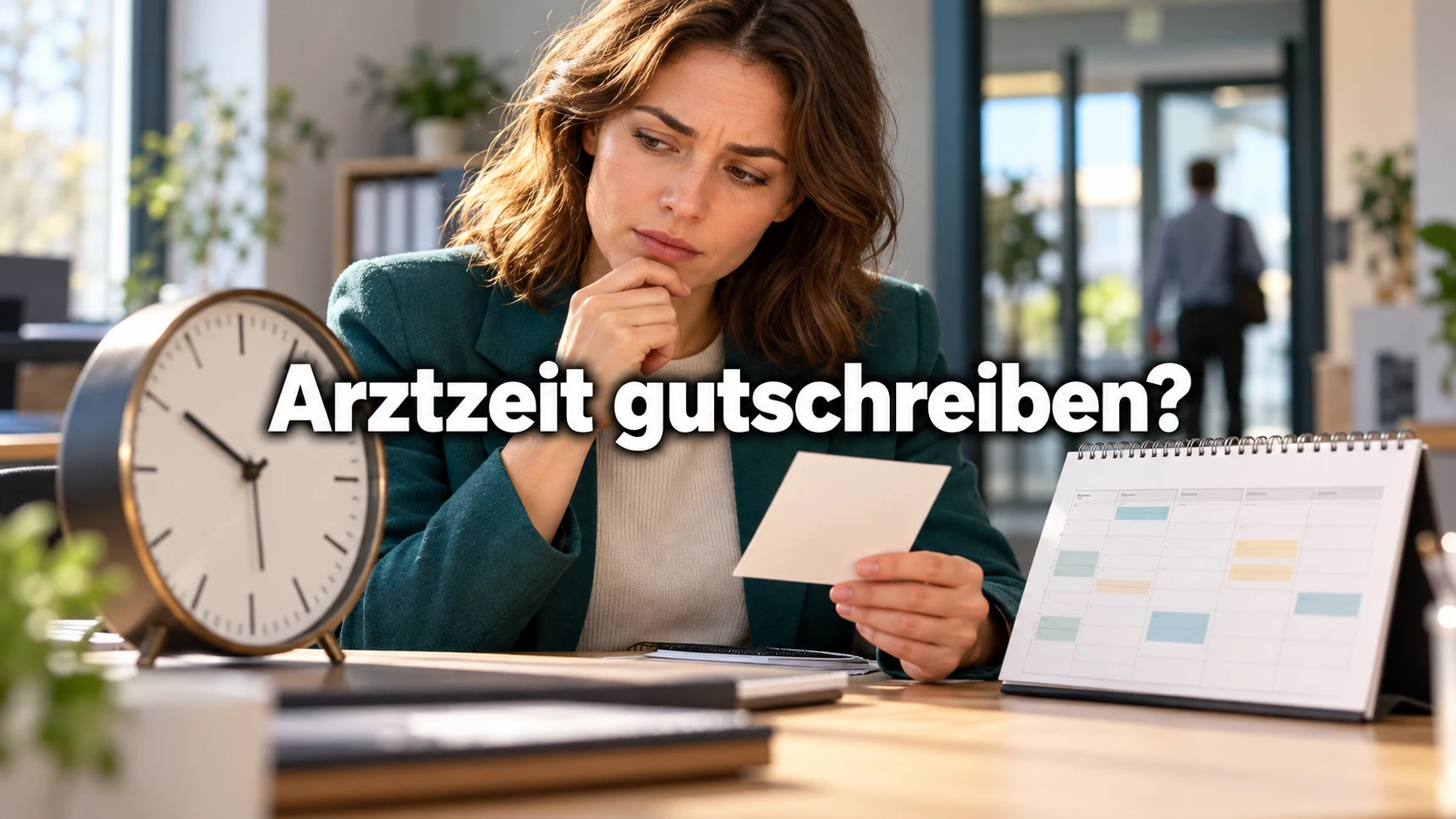 Fiktive Beschäftigte prüft eine Terminkarte neben Schreibtischuhr und Wochenkalender. Zentraler Text: Arztzeit gutschreiben?