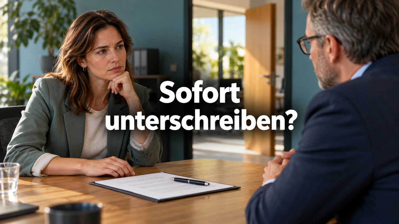 Fiktives Gespräch über einen noch nicht unterschriebenen Aufhebungsvertrag bei offener Bürotür; zentrale Frage: Sofort unterschreiben?