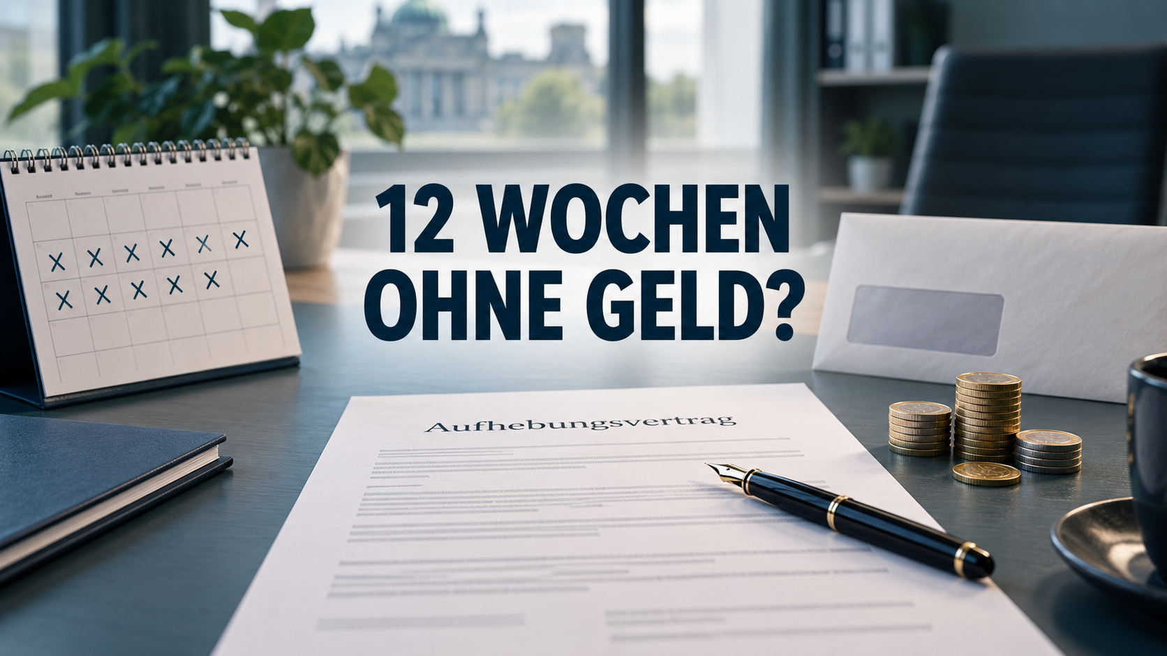 Aufhebungsvertrag, Kalender und Münzen mit der Frage: 12 Wochen ohne Geld?