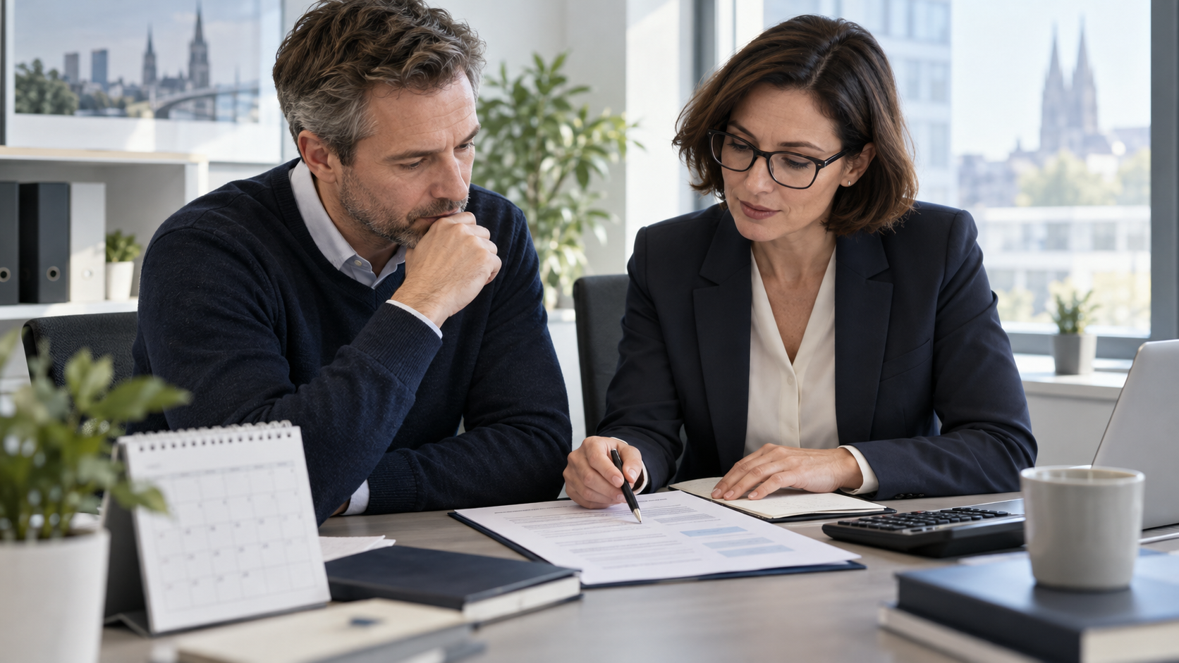 Ein Arbeitnehmer prüft mit einer Beraterin einen Aufhebungsvertrag und die dazugehörigen Fristen.