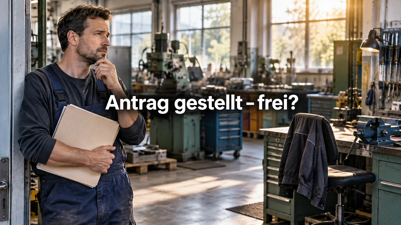 Fiktiver Arbeitnehmer mit Aktenmappe in einer Werkstatt; zentrale Frage: Antrag gestellt – frei?