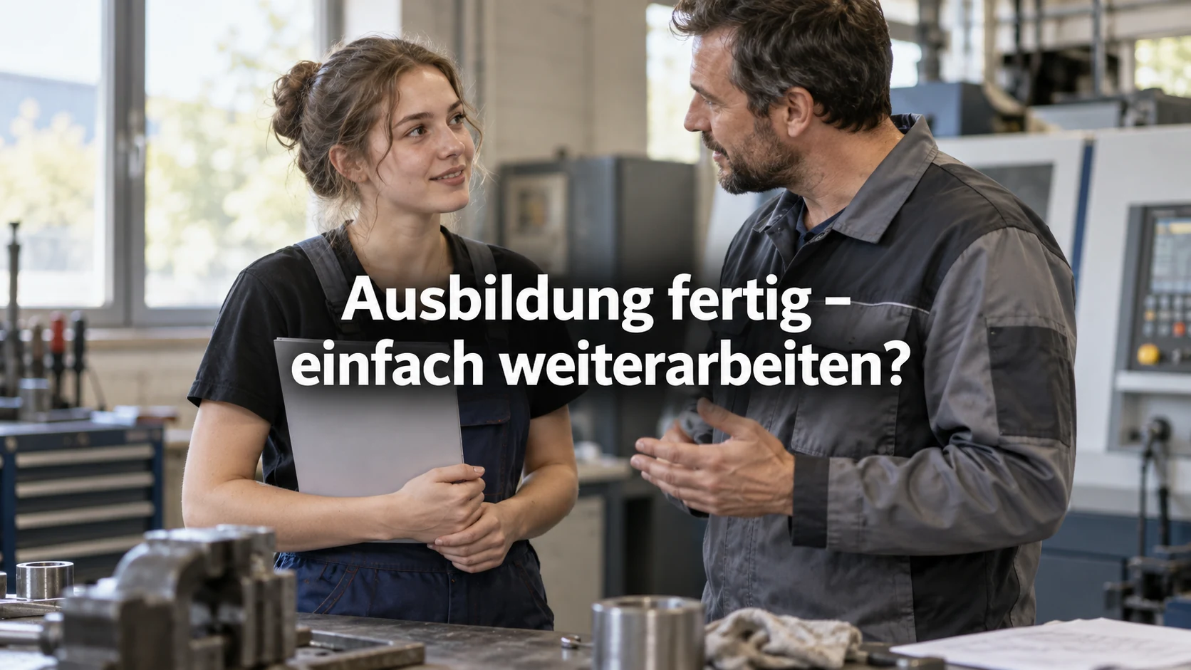 Ausbildung beendet: Weiterarbeiten ohne neuen Vertrag. Repräsentative Szene; zentraler Text: Ausbildung fertig – einfach weiterarbeiten?