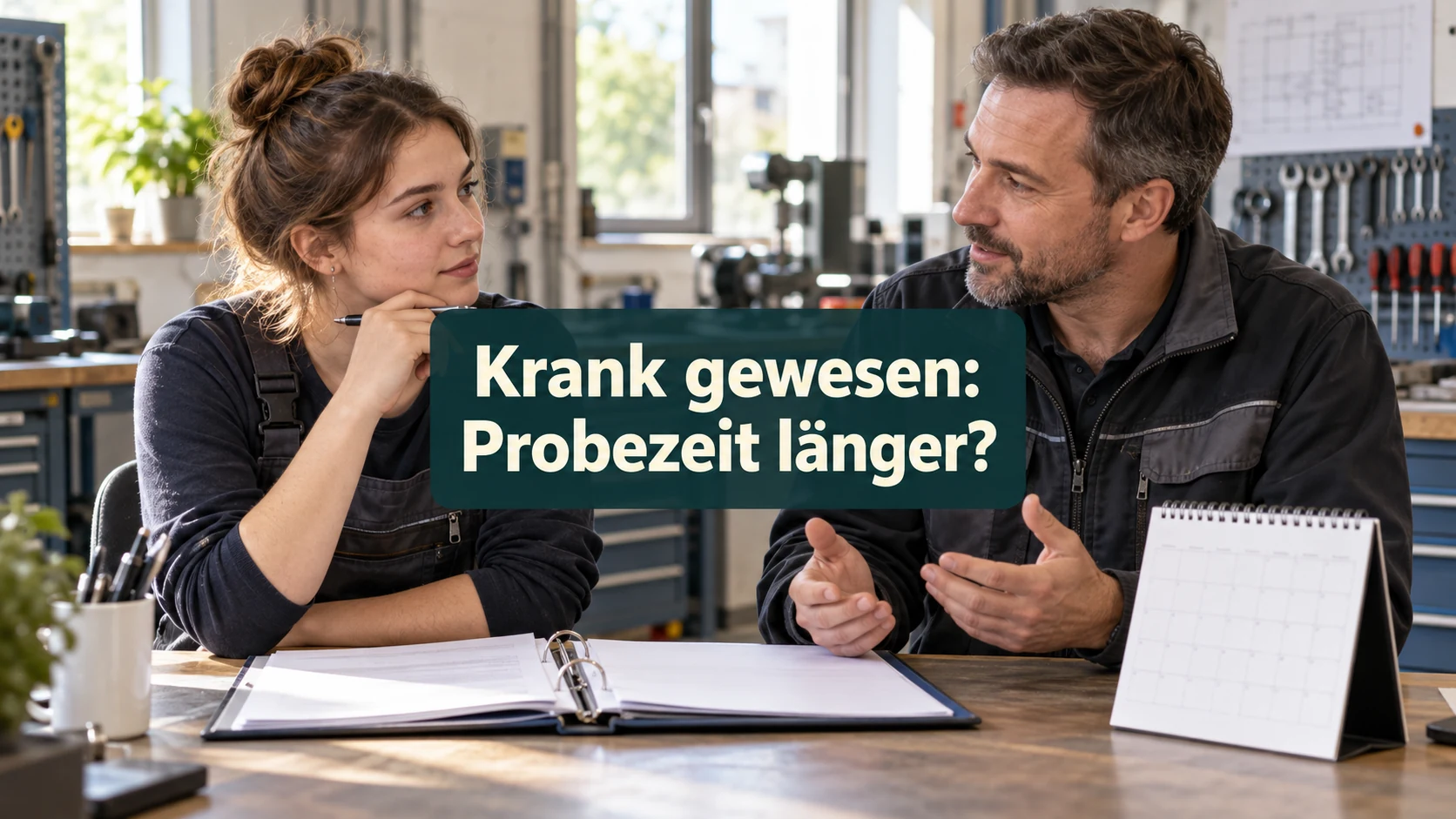 Fiktive volljährige Auszubildende prüft mit ihrem Ausbilder Unterlagen und Kalender in einer Werkstatt. Zentraler Text: Krank gewesen: Probezeit länger?