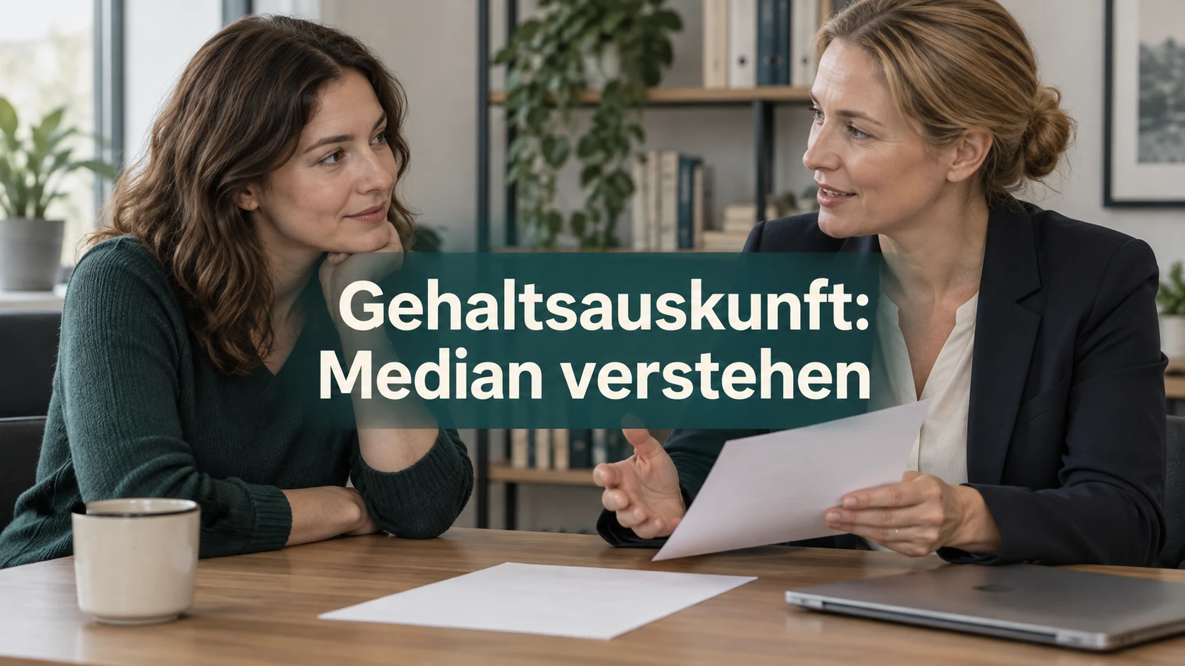 Fiktive Beschäftigte bespricht eine unbeschriftete Entgeltunterlage mit einer Personalmitarbeiterin. Zentraler Text: Gehaltsauskunft: Median verstehen.