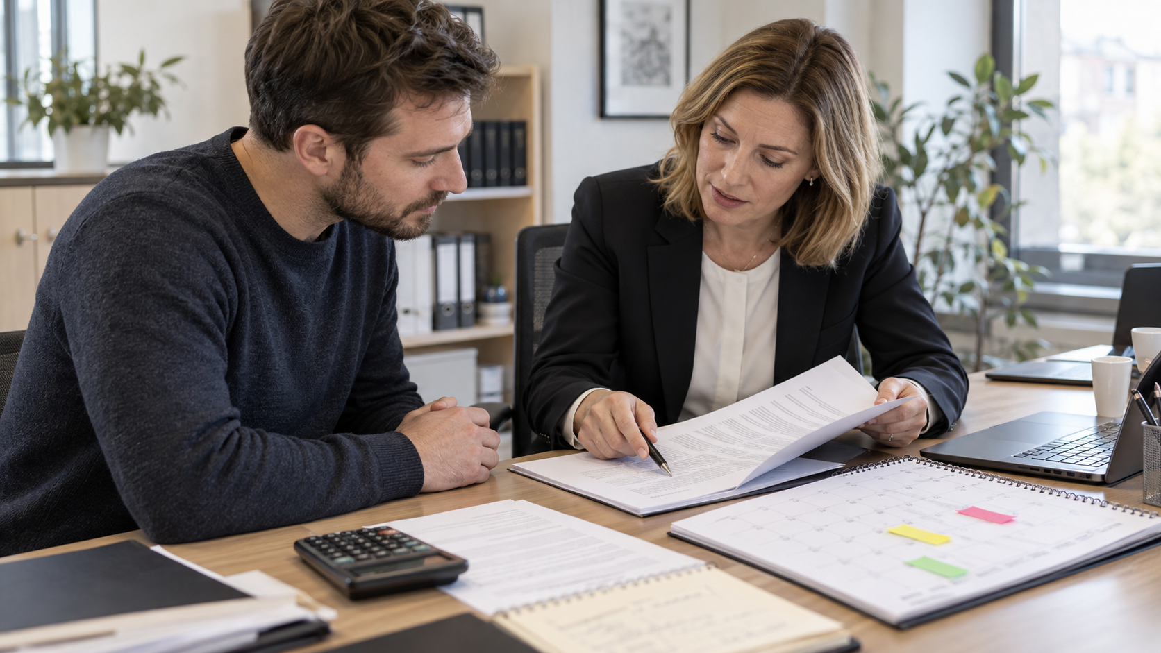 Arbeitnehmer und Rechtsberaterin prüfen Ausschlussklausel, offene Vergütung und markierte Fristen im Kalender.